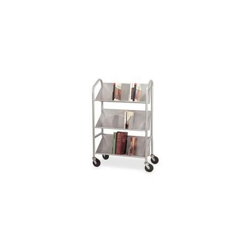 Buddy Sloped Shelf Book Cart with Dividers - 3 Shelf - 4 Casters - 4" Caster Size - Steel - x 26" Width x 16" Depth x 41.5" Height - Silver - 1 / Each