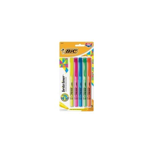 BIC Brite Liner Highlighters - Chisel Marker Point Style - Yellow, Pink, Orange, Blue, Green Water Based Ink - 5 / Set