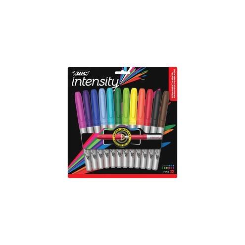 BIC Mark-it Fine Point Permanent Markers - Fine Marker Point - Assorted - Silver Barrel - 12 / Set