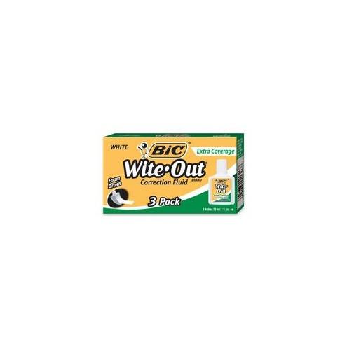 BIC Extra-Coverage Wite-Out Brand Correction Fluid - Foam Brush Applicator - 0.68 fl oz - White - 3 / Box