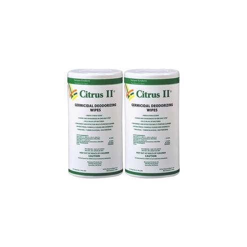 Citrus II Deodorizing Germicidal Wipes - Ready-To-Use Wipe - Citrus Scent - 125 / Canister - 2 / Pack - White, Green
