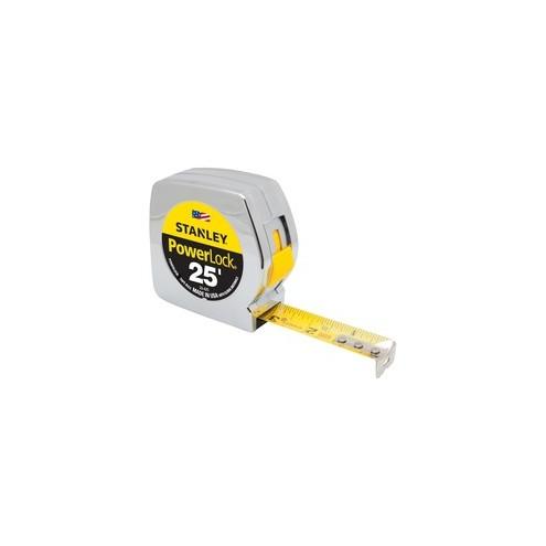 Stanley PowerLock Tape Rule - 25 ft Length 1" Width - 1/16 Graduations - Imperial Measuring System - Plastic - 1 Each - Chrome