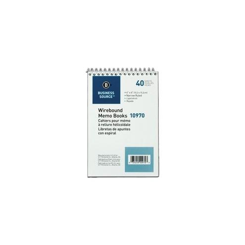 Business Source Wirebound Memo Books - 40 Sheet(s) - Wire Bound - 4" x 6" Sheet Size - White - White Sheet(s) - 12 / Dozen