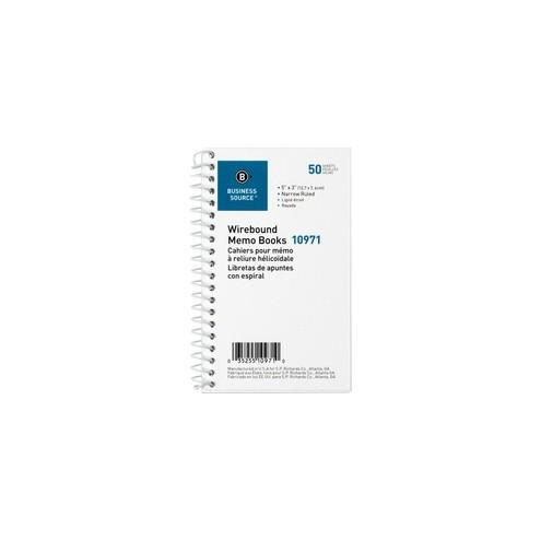 Business Source Side Wirebound Ruled Memo Book - 50 Sheet(s) - Wire Bound - 3" x 5" Sheet Size - White - 12 / Dozen