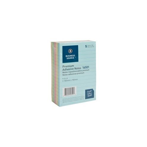 Business Source Ruled Adhesive Notes - 4" x 6" - Square - Ruled - Pastel - Self-adhesive, Solvent-free Adhesive - 5 / Pack