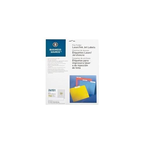 Business Source Laser/Inkjet Permanent File Folder Labels - Permanent Adhesive - 43/64" Width x 3 7/16" Length - Rectangle - Laser, Inkjet - White - 30 / Sheet - 750 / Pack