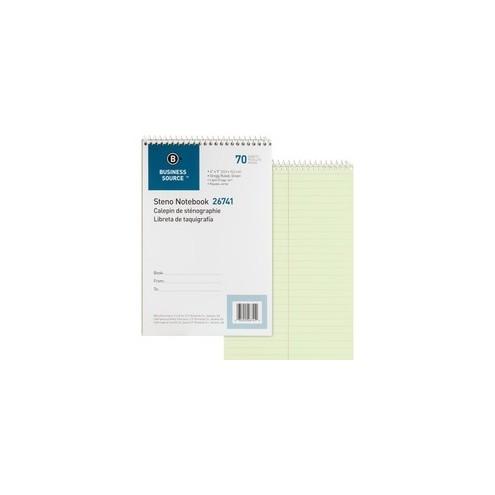 Business Source Steno Notebook - 70 Sheets - Wire Bound - Gregg Ruled - 15 lb Basis Weight - 6" x 9" - Green Paper - Stiff-back - 1 / Each