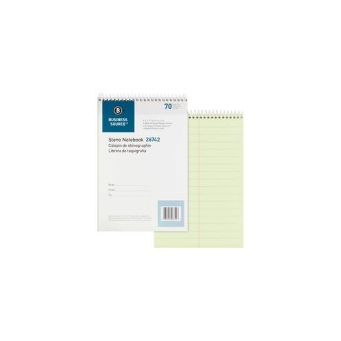 Business Source Steno Notebook - 70 Sheets - Wire Bound - Pitman Ruled - 6" x 9" - Green Paper - Stiff-back - 1Each