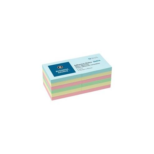 Business Source 3" Plain Pastel Colors Adhesive Notes - 100 - 3" x 3" - Square - Assorted - Repositionable, Solvent-free Adhesive - 12 / Pack