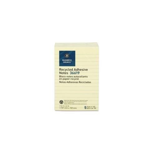 Business Source Yellow Adhesive Notes - 4" x 6" - Rectangle - Ruled - Yellow - Self-adhesive, Removable - 5 / Pack