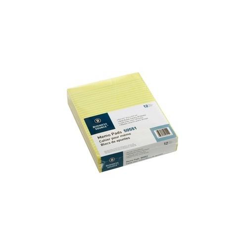 Business Source Glued Top Ruled Memo Pads - Letter - 50 Sheets - Glue - 16 lb Basis Weight - 8 1/2" x 11" - Canary Paper - 12 / Dozen