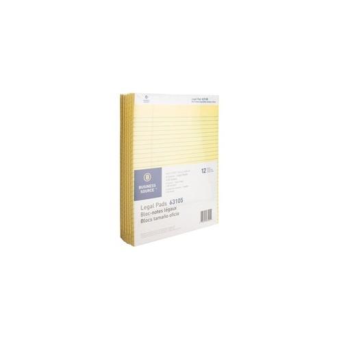 Business Source Micro-Perforated Legal Ruled Pads - 50 Sheets - 0.34" Ruled - 16 lb Basis Weight - 8 1/2" x 11 3/4" - Canary Paper - Micro Perforated, Easy Tear, Sturdy Back - 12 / Dozen