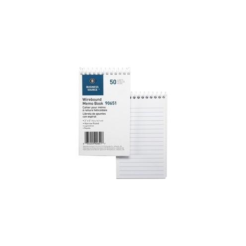 Business Source Wirebound Memo Books - 50 Sheet(s) - Wire Bound - 5" x 3" Sheet Size - White - White Sheet(s) - 12 / Dozen