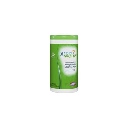 Green Works Compostable Cleaning Wipes - Ready-To-Use Wipe7" Width x 7.50" Length - 62 / Canister - 6 / Carton - White