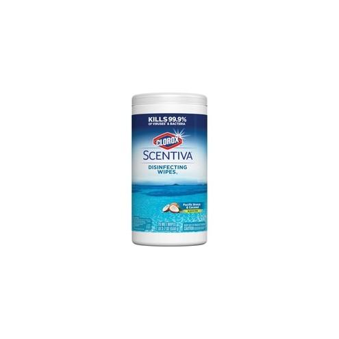 Clorox Scentiva Pacific/Coconut Disinfecting Wipes - Wipe - Pacific Breeze & Coconut Scent - 70 / Can - 240 / Bundle - White