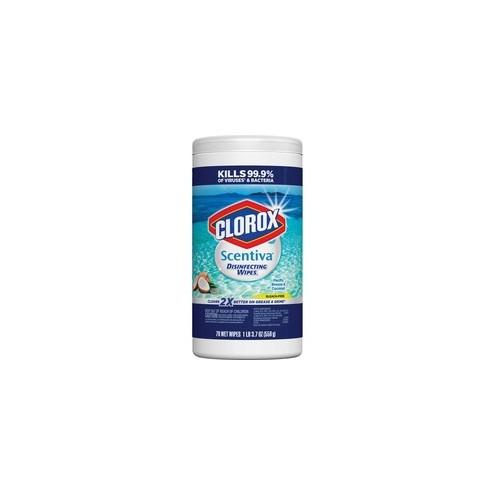 Clorox Scentiva Pacific/Coconut Disinfecting Wipes - Wipe - Pacific Breeze & Coconut Scent - 70 / Can - 6 / Carton - White