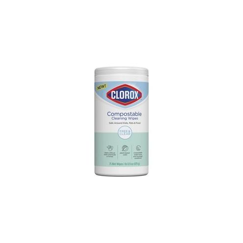 Clorox Free & Clear Compostable Cleaning Wipes - Wipe - 4.25" Width x 4.25" Length - 75 / Tub - 6 / Carton - White
