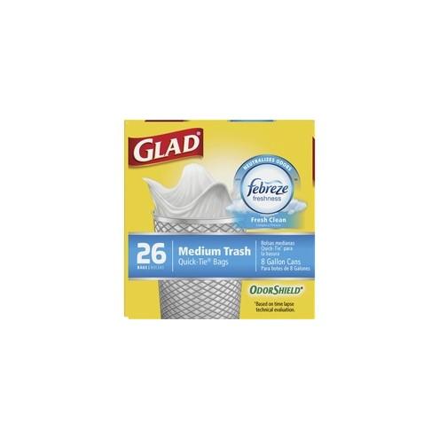 Clorox Medium Quick-Tie Trash Bags - OdorShield - 8 gal - 2.90" Width x 7.20" Length x 2.80" Depth - White - 26/Box - Garbage, School, Office, Day Care