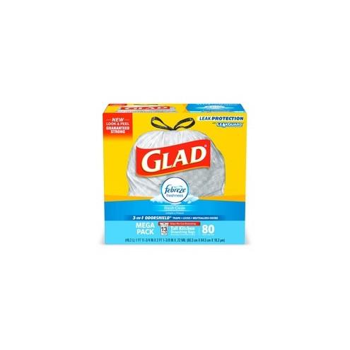 Glad ForceFlex Tall Kitchen Drawstring Trash Bags - 13 gal - 0.78 mil (20 Micron) Thickness - White - 80/Box - 80 Per Box - Kitchen, Garbage