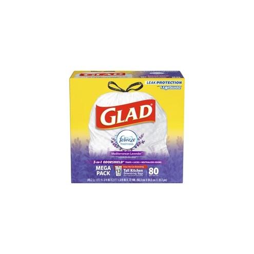 Glad ForceFlex Tall Kitchen Drawstring Trash Bags - 13 gal - 0.78 mil (20 Micron) Thickness - White - 80/Box - 80 Per Box - Garbage, Office, Kitchen