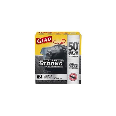Glad Large Drawstring Trash Bags - Large Size - 30 gal - 30" Width x 32.99" Length x 1.05 mil (27 Micron) Thickness - Black - 90/Carton - 90 Per Box - Garbage, Indoor, Outdoor