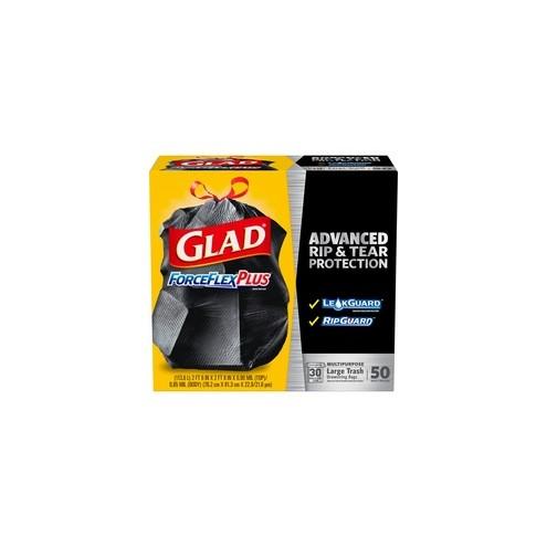 Glad ForceFlexPlus Drawstring Large Trash Bags - Large Size - 30 gal - 0.90 mil (23 Micron) Thickness - Black - 50/Box - Home, Garbage, Office, Commercial, Restaurant