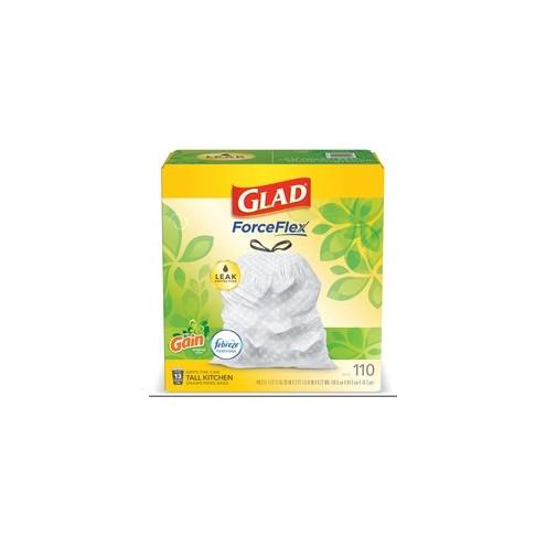 Glad Small Kitchen Drawstring Trash Bags - 13 gal - 25.38 ft Width x 33.75 ft Length x 0.72 mil (18 Micron) Thickness - White - 110/Box - Home, Office, Kitchen, Breakroom