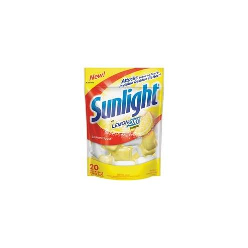 Sunlight Dishwasher Power Pacs - Ready-To-Use Powder - Citrus, Lemon Scent - 20 / Pouch - 6 / Carton - White