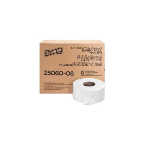 Genuine Joe Jumbo Dispenser Roll Bath Tissue - 2 Ply - 3.50" x 1000 ft - 9" Roll Diameter - White - Nonperforated, Fragrance-free - For Restroom, Washroom - 8 / Carton