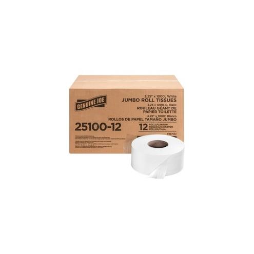 Genuine Joe 2-ply Jumbo Roll Dispnsr Bath Tissue - 2 Ply - 3.25" x 1000 ft - 9" Roll Diameter - White - Nonperforated, Unscented - 12 / Carton