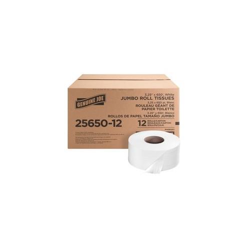 Genuine Joe 2-ply Jumbo Roll Dispenser Bath Tissue - 2 Ply - 3.30" x 650 ft - 8.63" Roll Diameter - White - Nonperforated, Unscented - 12 / Carton