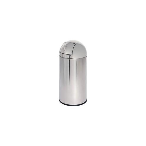 Genuine Joe Push Open Round Top Receptacle - 12 gal Capacity - Round - 29.2" Height x 14.8" Diameter - Stainless Steel