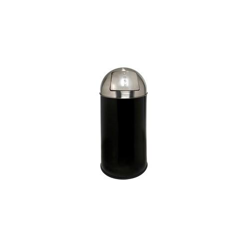 Genuine Joe Push Open Round Top Receptacle - 12 gal Capacity - Round - 29.2" Height x 14.8" Diameter - Black, Silver