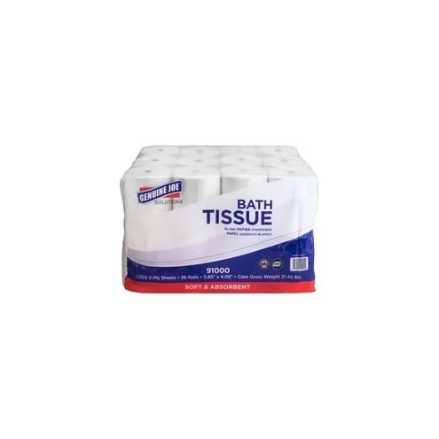 Genuine Joe Solutions Double Capacity 2-ply Bath Tissue - 2 Ply - 1000 Sheets/Roll - White - Virgin Fiber - Embossed, Chlorine-free - For Bathroom - 36 / Carton