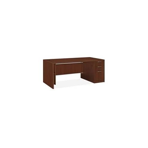 HON Attune Laminate Series Pedestal Desk - 3-Drawer - 72" x 36" x 29.5" - 3 x Box Drawer(s), File Drawer(s) - Single Pedestal on Right Side - Material: Wood Grain - Finish: Laminate, Mahogany