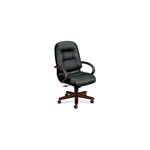 HON Pillow-Soft Executive Chair - Black Leather Seat - Fiber, Foam Back - Mahogany Hardwood Frame - 5-star Base - 22" Seat Width x 21" Seat Depth - 26.3" Width x 29.8" Depth x 46.5" Height - 1 Each