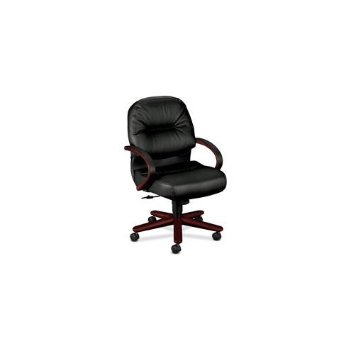 HON Pillow-Soft Executive Mid-Back Chair - Black Leather Seat - Mahogany Wood Frame - 5-star Base - 22" Seat Width x 21" Seat Depth - 26.3" Width x 28.8" Depth x 41.8" Height - 1 Each
