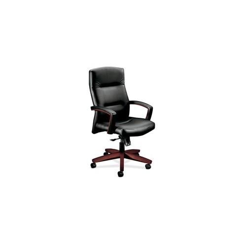 HON Park Avenue Collection Chair - Black Leather Seat - Mahogany Hardwood Frame - 5-star Base - Black - 20" Seat Width x 17.62" Seat Depth - 26" Width x 29" Depth x 44.5" Height - 1 Each