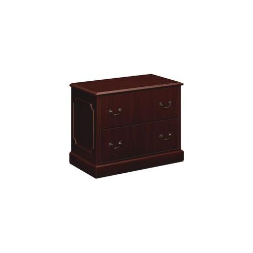 HON 94000 Series 2-Drawer Lateral File - 37.5" x 20.5" x 29.5" - 2 x File Drawer(s) - Traditional Edge - Material: Brass Pull - Finish: Mahogany, High Pressure Laminate (HPL)