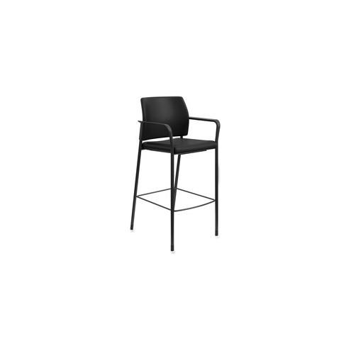 HON Accommodate Cafe Stool, Fixed Arms - Black Vinyl Seat - Black Vinyl Back - Textured Black Steel Frame - Four-legged Base - 23.3" Width x 21.3" Depth x 31.3" Height - 1 Each