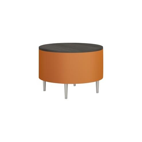 HPFI Eve Round Table - 36" x 36" x 25.5" , 1" Top - Material: Thermofused Laminate (TFL) Top, Hardwood Frame, Foam, Fabric - Finish: Orange, Brushed Anodized Aluminum Leg