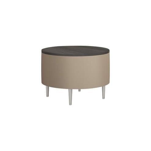 HPFI Eve Round Table - 36" x 36" x 25.5" , 1" Top - Material: Thermofused Laminate (TFL) Top, Hardwood Frame, Foam, Fabric - Finish: Beige, Brushed Anodized Aluminum Leg