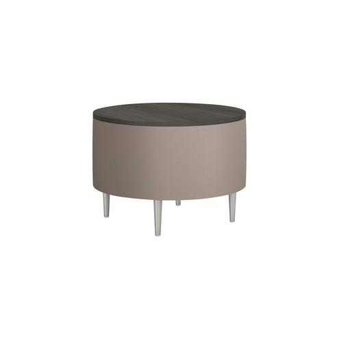 HPFI Eve Round Table - 36" x 36" x 25.5" , 1" Top - Material: Thermofused Laminate (TFL) Top, Hardwood Frame, Foam, Fabric - Finish: Taupe, Brushed Anodized Aluminum Leg