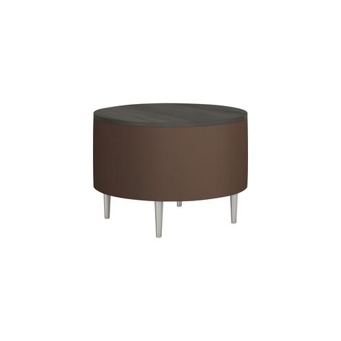 HPFI Eve Round Table - 36" x 36" x 25.5" , 1" Top - Material: Thermofused Laminate (TFL) Top, Hardwood Frame, Foam, Fabric - Finish: Brown, Brushed Anodized Aluminum Leg