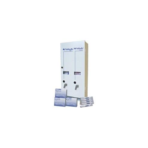 Impact Products Dual Vendor Hygiene Dispenser - 12 x Sanitary Napkin, 19 x Tampon - Metal - White - Window, Locking Coin Box
