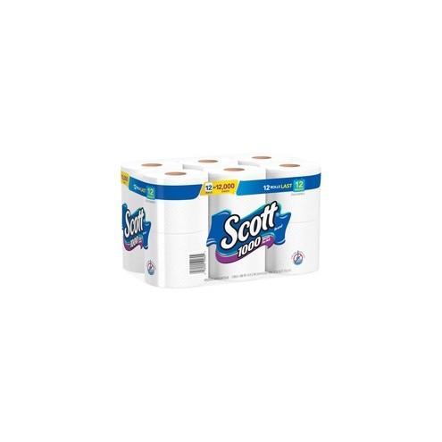 Scott 1000 1-ply 12Roll Bath Tissue - 1 Ply - 3.70" x 4.10" - 1000 Sheets/Roll - White - Absorbent - For Bathroom, Office Building, Public Facilities, School - 12 Each