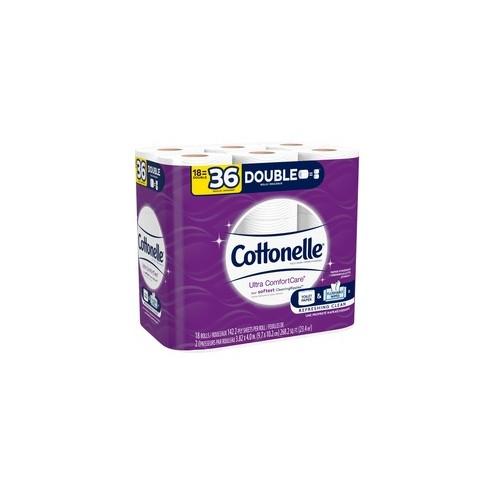 Cottonelle Ultra ComfortCare Toilet Paper - Double Rolls - 2 Ply - 142 Sheets/Roll - White - Sewer-safe, Septic Safe, Flushable, Absorbent - For Home, Office, School - 36 / Carton