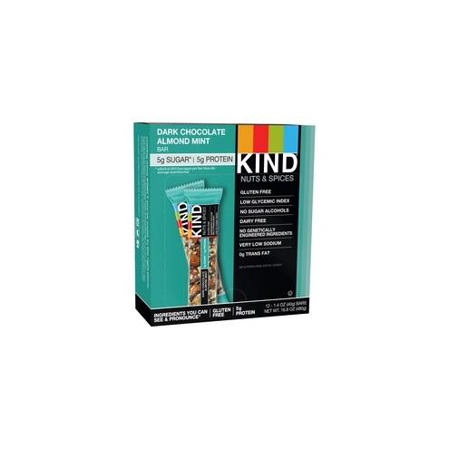 KIND Dark Chocolate Almond Mint Snack Bar - Gluten-free, Non-GMO, Sodium-free, Cholesterol-free, Fat-free, Individually Wrapped - Dark Chocolate, Almond, Mint - Box - 1.40 oz - 12 / Box