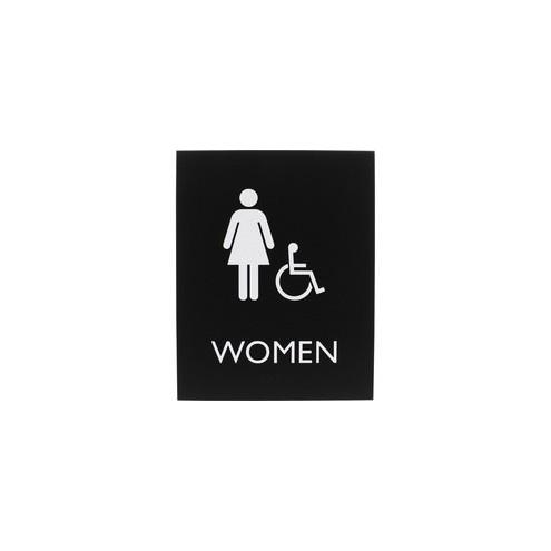 Lorell Restroom Sign - 1 Each - Women Print/Message - 6.4" Width x 0.8" Height - Rectangular Shape - Easy Readability, Braille - Plastic - Black