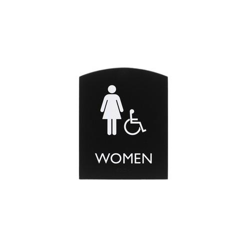 Lorell Restroom Sign - 1 Each - Women Print/Message - 6.8" Width x 0.8" Height - Rectangular Shape - Easy Readability, Braille - Plastic - Black